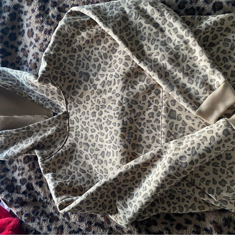 SHEIN Beige and Brown Leopard Print Fleece Hoodie